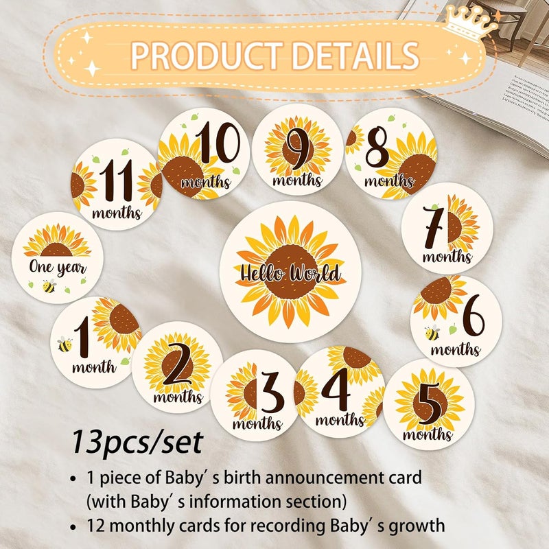 MCIAONE Baby Monthly Milestone Cards Sign - 13Pcs Double Sided Sunflower Milestone Markers, Flower Pattern Wooden Circles Discs Newborn Announcement Marker, Baby Shower Newborn Sign Photo Cards Gift Set - Image 3